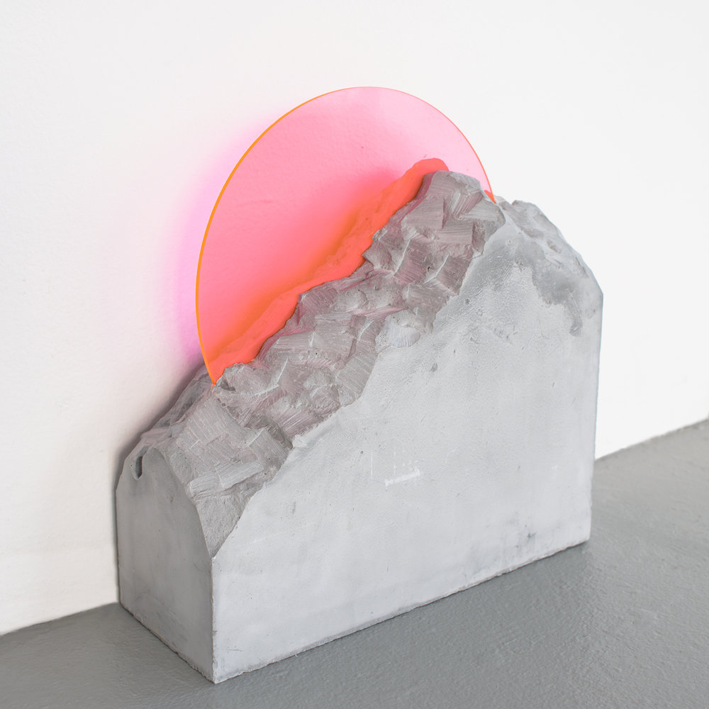  Devra Freelander, Mineral Analog (Pink / Charcoal),  Fluorescent acrylic, plaster; 10 x 12 x 4 inches; 2016. Photo credit: Peter Nicholson 