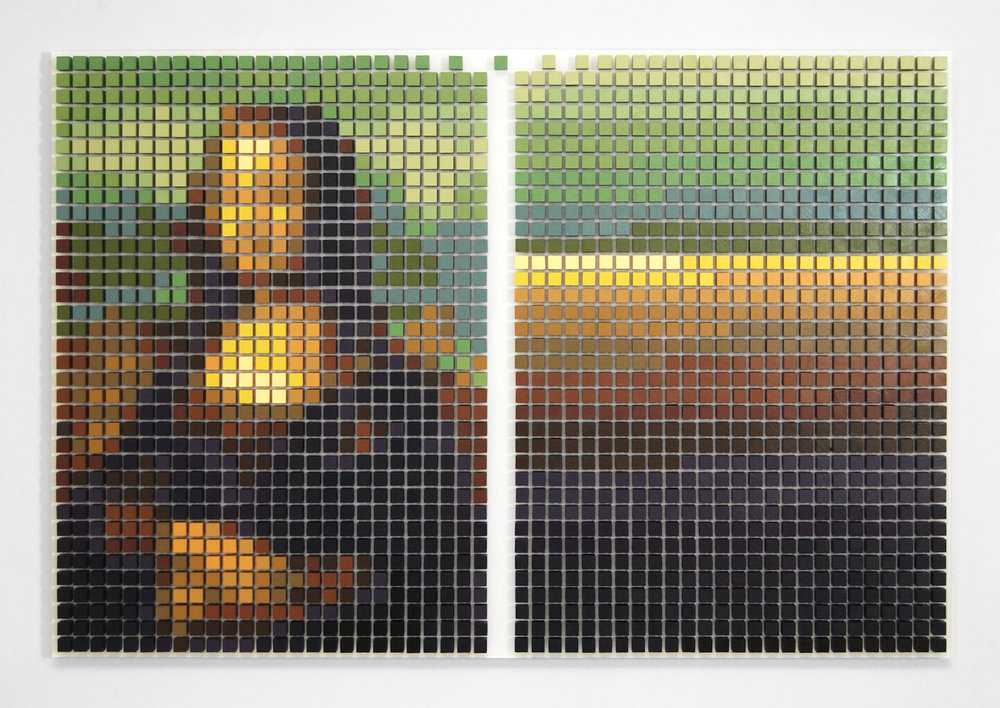 Tyler Bohm, Mona Lisa Defragged, acrylic on wood and Plexiglas, 23 x 35 x 2 inches