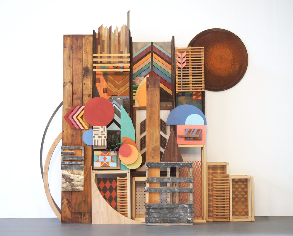  75x70x32 , wood, metal, paper, plastic, found items, woven items, printed fabric, metal drum lid, artificial plant, stain, acrylic paint, 75 x 70 x 32 inches 