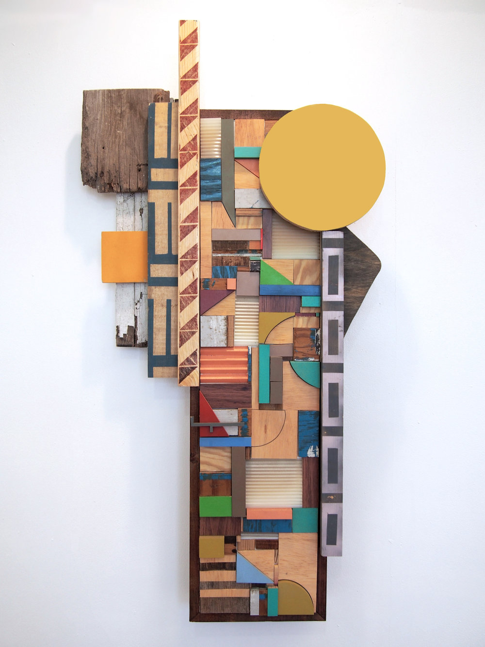  40x23x6 , wood, plastic, stain, acrylic paint, ink, 40 x 23 x 6 inches 