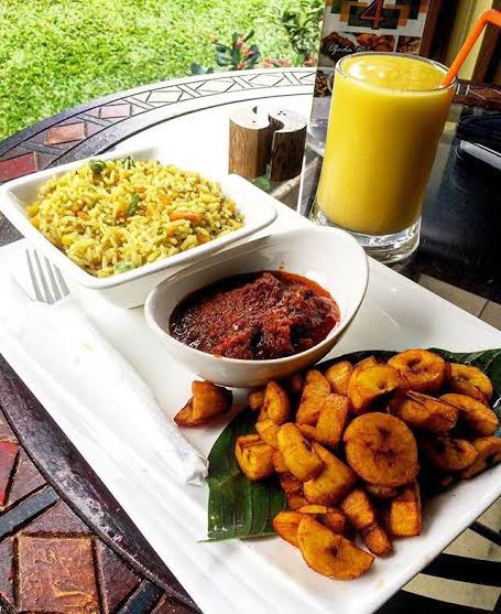 Fried rice, plantain and stew at Terra Kulture.