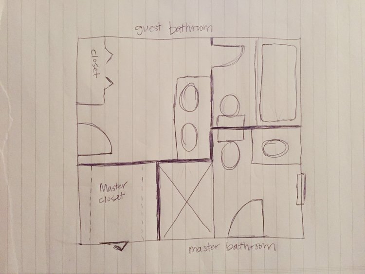 Old layout of the master bathroom and guest bathroom.