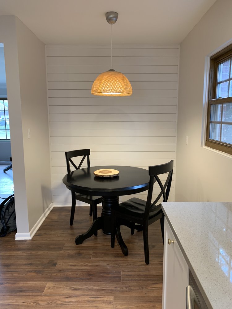 Flip 4 kitchen with Ikea pendant & shiplap walls