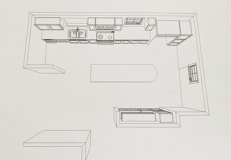 Design option 1 with the island in the center of the kitchen
