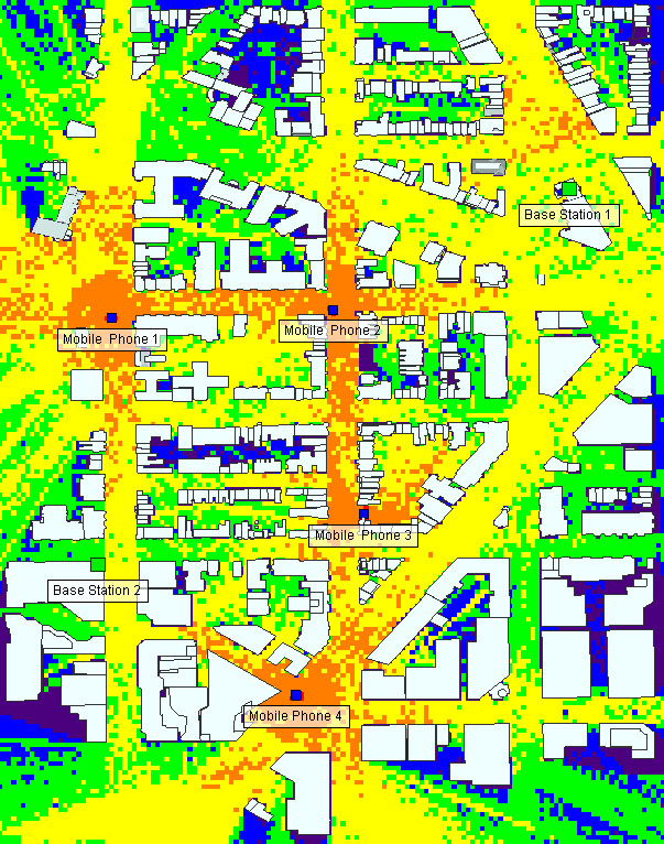 Figure 4: Coverage from base station 1 and the four street level mobile phones.