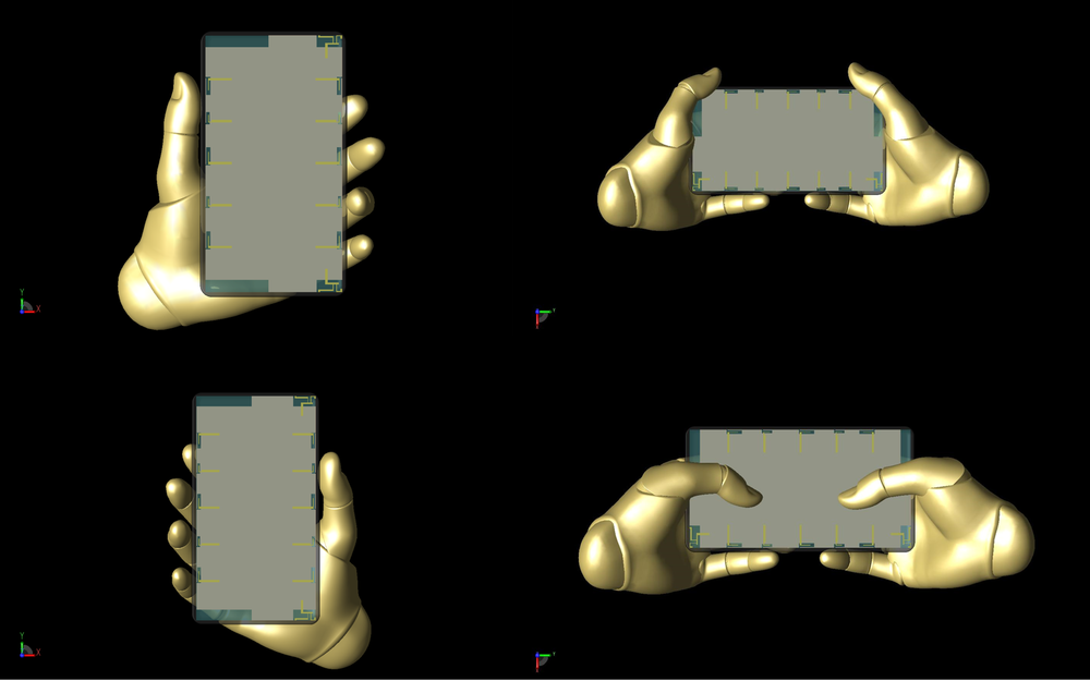 Figure 15: Shown are the four positions of the  Poseable Hand  model used in the study, which were positioned using controls within XFdtd. Clockwise from top left: left hand hold, two hands at sides, two hands typing, and right hand hold.