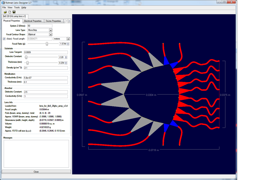 Figure 16: A Rotman Lens device suitable for use as the front end of the array is shown in Remcom’s RLD software.