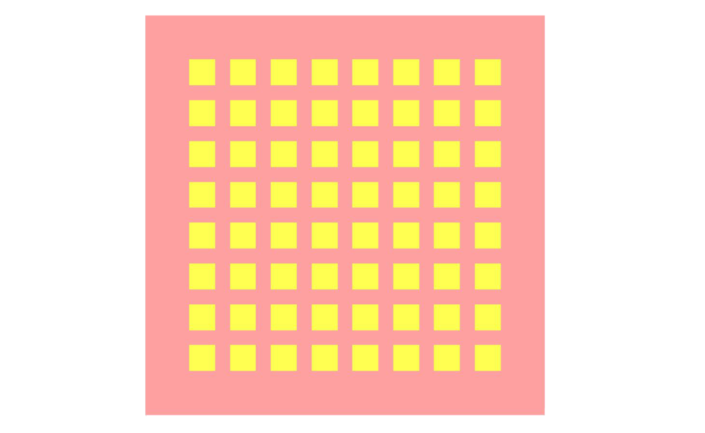 Figure 1: A top view of the antenna geometry showing the layout of the 8x8 array of patches.