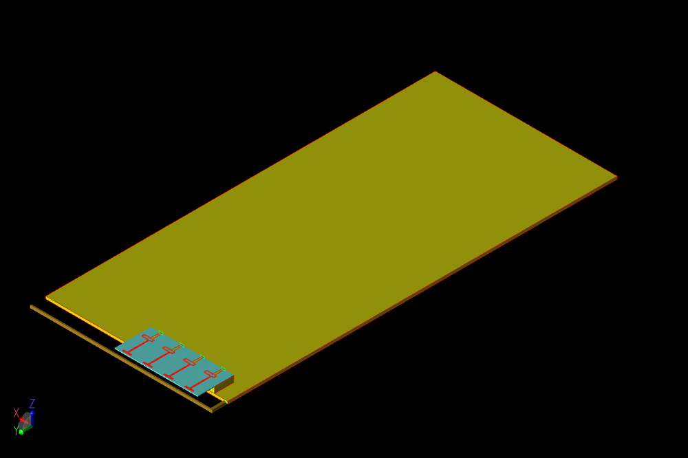 Figure 1: The smartphone design is shown in a three-dimensional CAD representation with the 4G antenna and 5G array structures visible at the left on one end of the large ground plane.