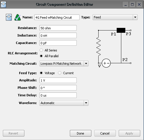 Figure 5: Shown is the voltage source menu in XFdtd for the port with the matching circuit that is used for the 4G antenna.