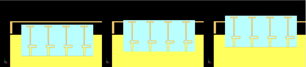 Figure 8: Three different configurations of the 5G array relative to the 4G antenna are considered (left to right): an offset of the top of the 5G antennas 2 mm below the 4G antenna, even alignment between the top of the 5G antennas and the 4G antenna, and an offset of the top of the 5G antennas of 2mm above the 4G antenna.