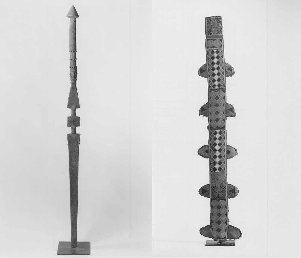 An Ọ̀pá Òrìṣà Oko sword from the 19th century on the left, usually it is not mounted on a platform like here, it has man-height, the beaded sheath is on the right image. Images by Brooklyn Museum Collection CC BY 3.0