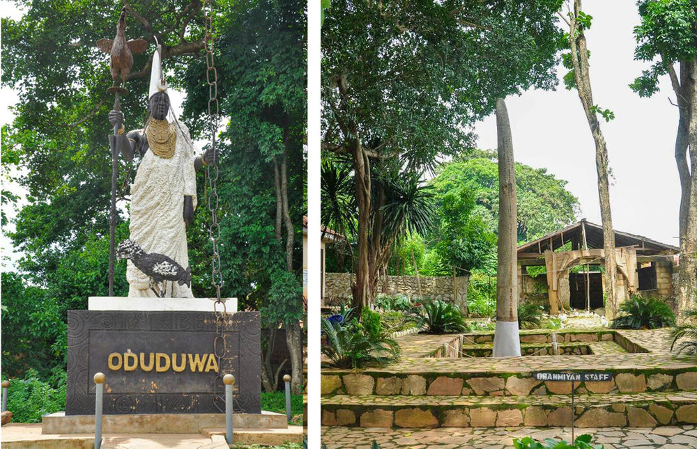Left the Odùduwà statue in Ilé-Ifẹ̀. He carries a walking stick with a huge hen on top, you might know this bird from the myth about the creation of the world. Right another famous Yorùbá ọ̀pá, though not made of iron and too heavy for human beings: the walking stick of the entity Oranmiyan, the tourist hot-spot in Ilé-Ifẹ̀. Image by The_AyeniPaul CC BY-SA 4.0 