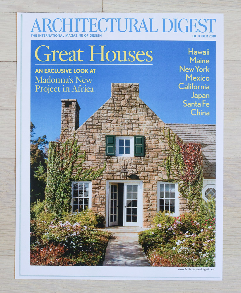    Architectural Digest  , October 2010, "Great Houses." Editor-in-Chief, Paige Rense-Noland. Art Director, Jeffrey Nemeroff. Senior Editor (Architecture),&nbsp;Richard Olsen. Conde Nast Publications, Inc. 