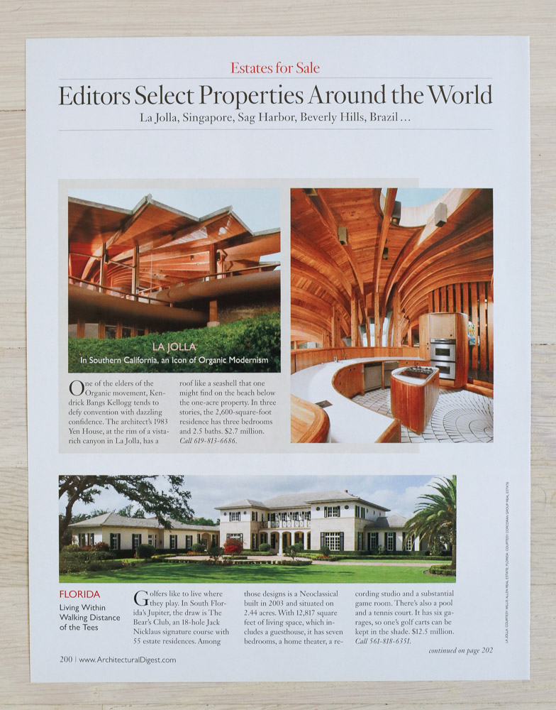    A    rchitectural Digest  , September 2007, Designer's Own Homes Issue. Editor-in-Chief, Paige Rense-Noland. Art Director, Jeffrey Nemeroff. Senior Editor (Architecture) and Real Estate Editor,&nbsp;Richard Olsen. Conde Nast Publications, Inc. 