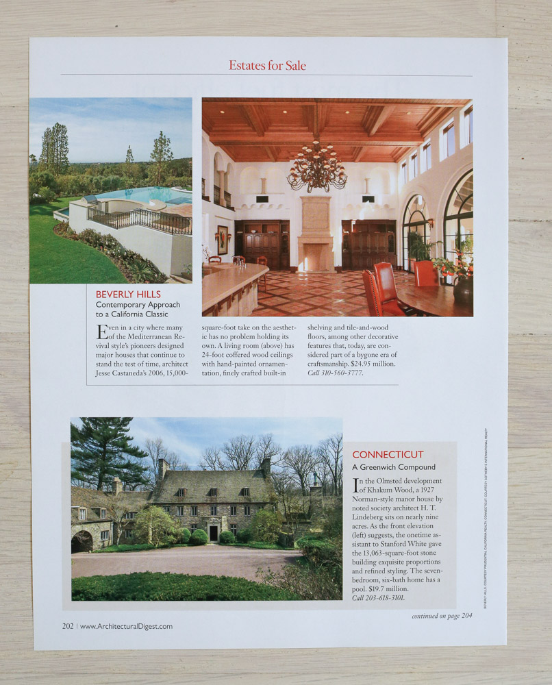    A    rchitectural Digest  , September 2007, Designer's Own Homes Issue. Editor-in-Chief, Paige Rense-Noland. Art Director, Jeffrey Nemeroff. Senior Editor (Architecture) and Real Estate Editor,&nbsp;Richard Olsen. Conde Nast Publications, Inc. 