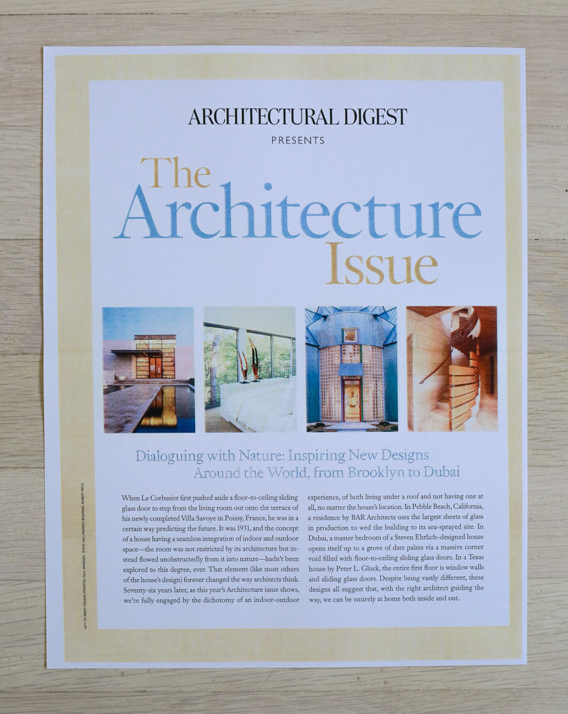  Issue Intro by Richard Olsen.   A    rchitectural Digest  , October 2007, "The Architecture Issue." Editor-in-Chief, Paige Rense-Noland. Art Director, Jeffrey Nemeroff. Senior Editor (Architecture) and Book-Reviews Editor,&nbsp;Richard Olsen. Conde Nast Publications, Inc. 