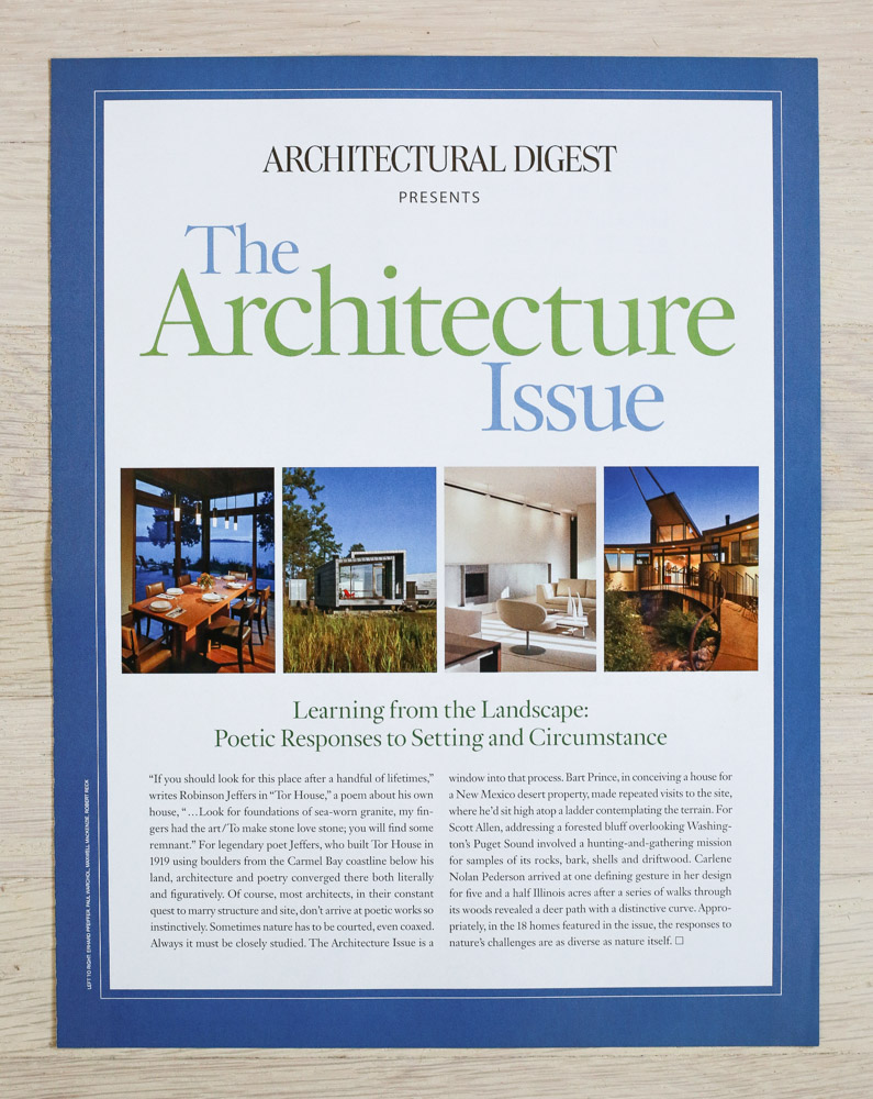  Issue Intro by Richard Olsen.   A    rchitectural Digest  , October 2009, "The Architecture Issue." Editor-in-Chief, Paige Rense-Noland. Art Director, Jeffrey Nemeroff. Senior Editor (Architecture) and Book-Reviews Editor,&nbsp;Richard Olsen. Conde Nast Publications, Inc. 
