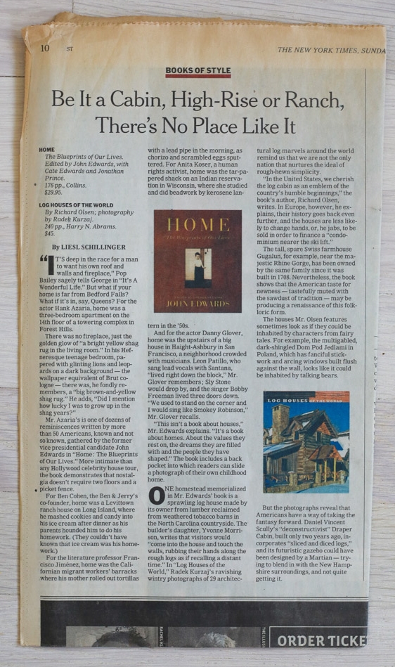    Log Houses of the World   in "Books of Style,"   The New York Times  , December 24, 2006. 