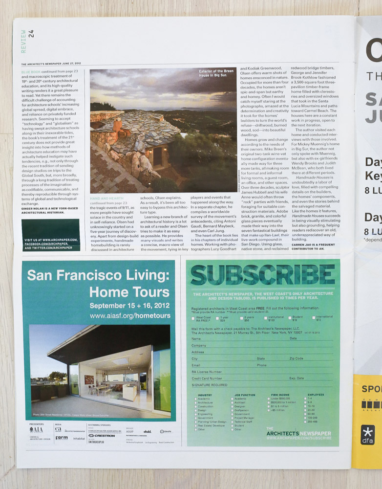   Handmade Houses  review by Carren Jao in   Architect's Newspaper  , July 18, 2012. 