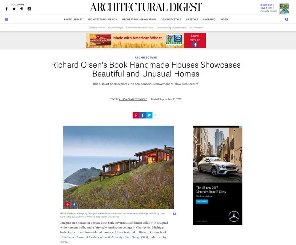    Handmade Houses   reviewed by Alison Clare Steingold in   Architectural Digest  , September 30, 2012. 