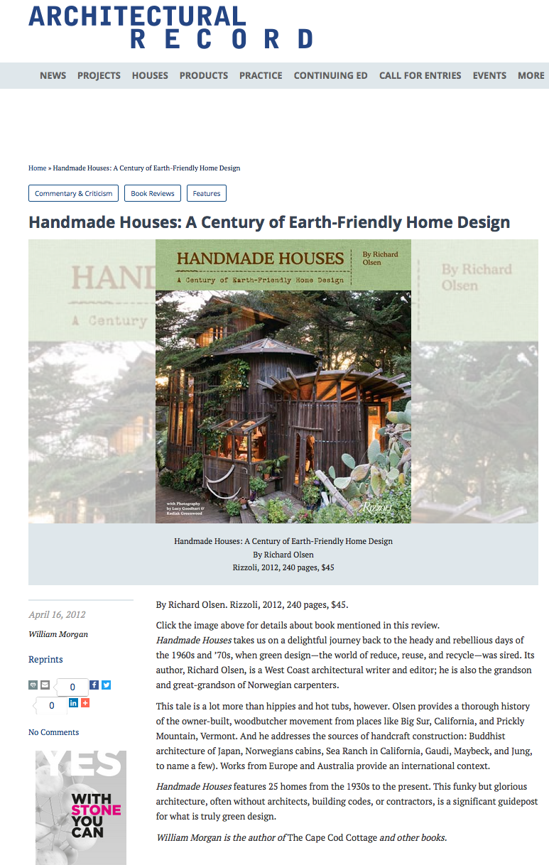    Handmade Houses   reviewed by William Morgan in   Architectural Record  , April 16, 2012. 