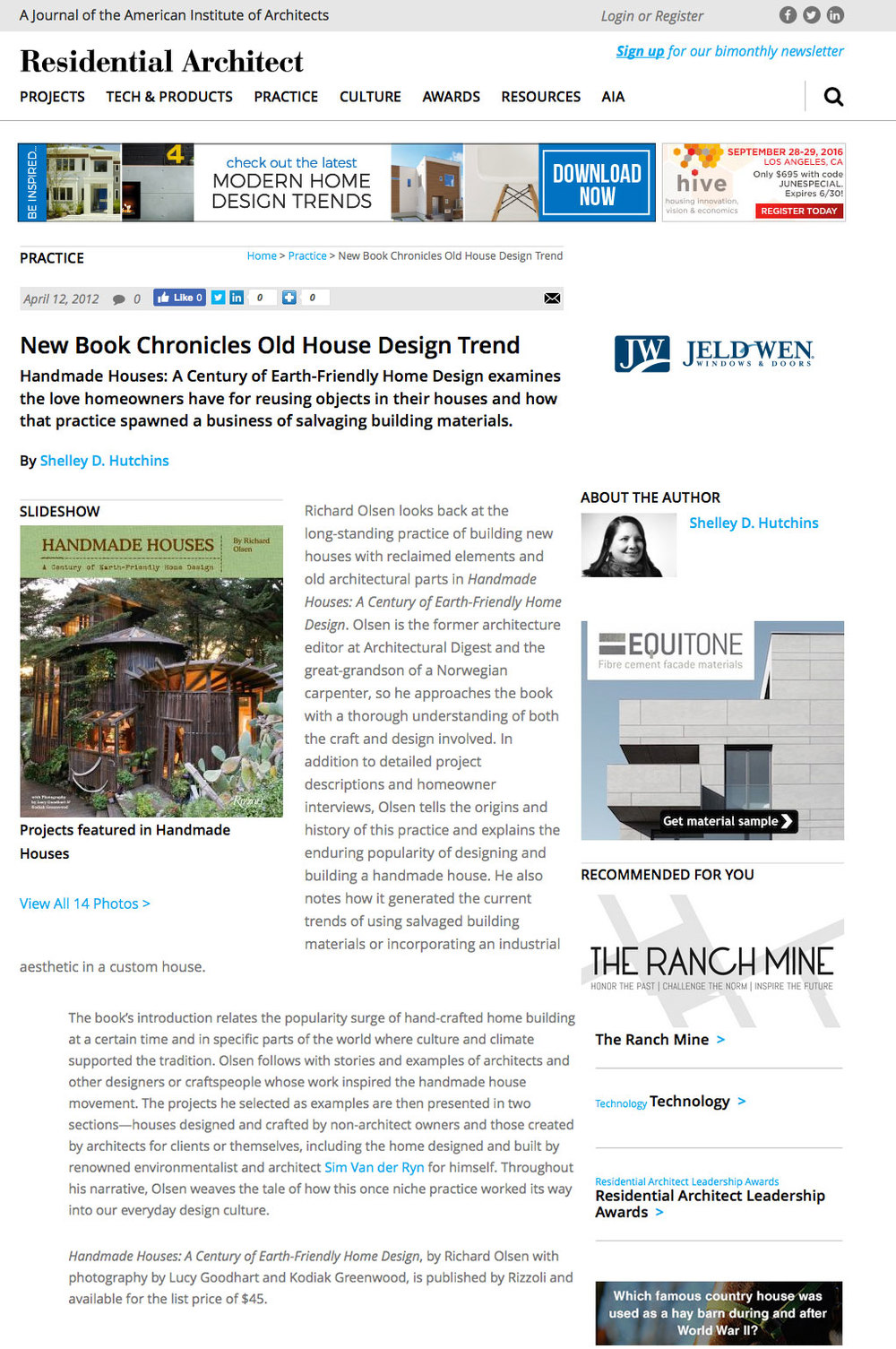    Handmade Houses   reviewed by Shelley D. Hutchins in   Residential Architect  , April 12, 2012.   