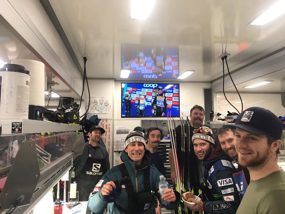  I love how this pictures captures the magic behind a moment. Here I am on the podium, surrounded by the waxing and coaching team that helped make my successful day possible. Thank you to this crew for making some wonderful skis!  
