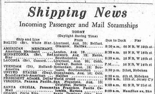 The Brooklyn Daily Eagle, Monday afternoon, August 29, 1932, announcing the arrival of the S.S. Baltic that morning at 8:30 a.m. at the pier on West 19th Street in Manhattan (click for full image).