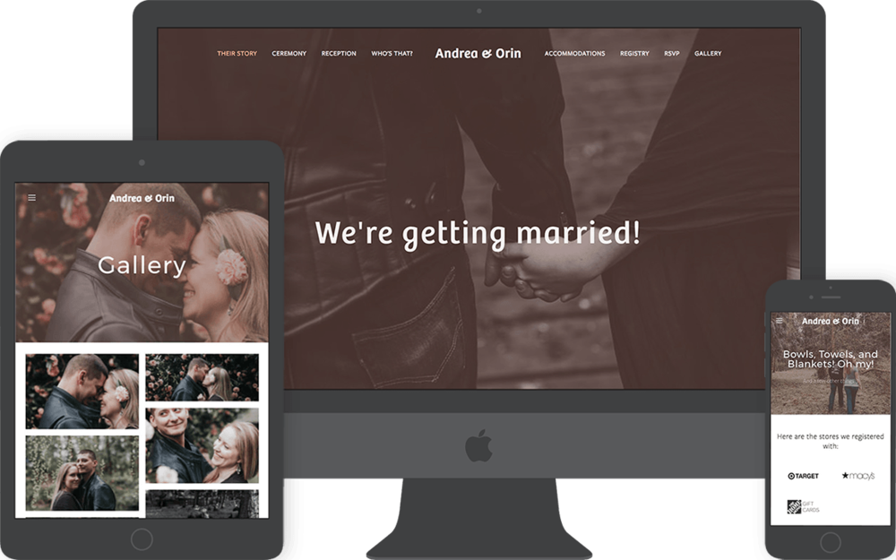 Andrea and Orin's wedding website comes fully responsive with a gallery, registry, RSVP, and biography page.