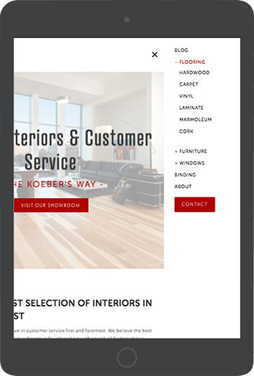 The menu for Koeber's Interiors new Squarespace website is fully mobile responsive.