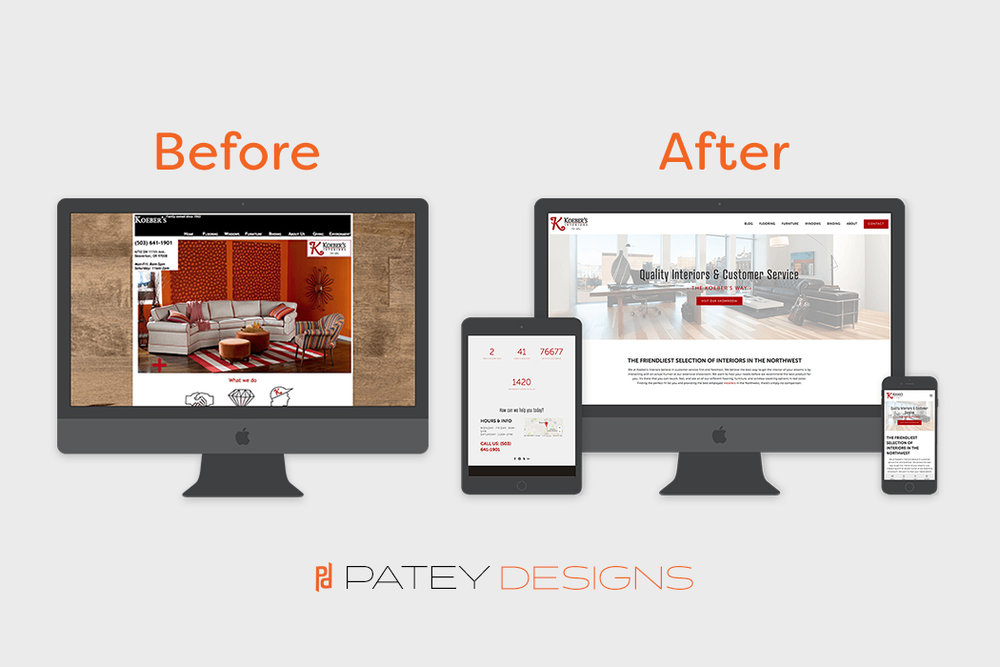 Before and after images of the Koeber's Ineteriors website redesign.