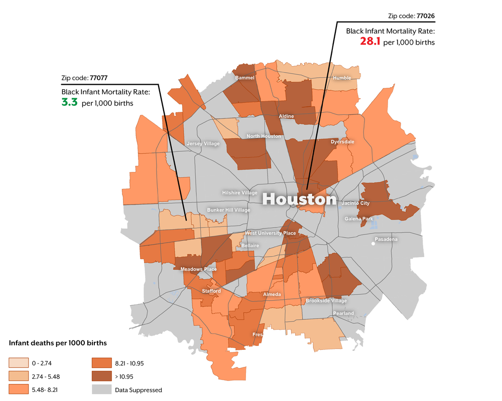 Map of Houston IMR rate by zipcode