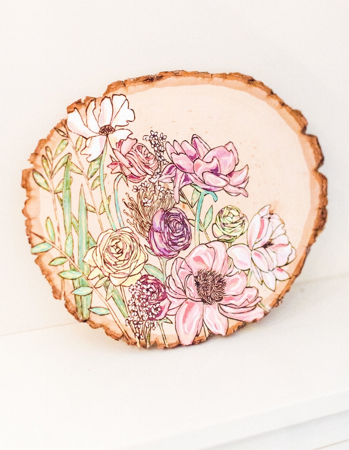 Wood burned and painted bouquet by Amanda Stores