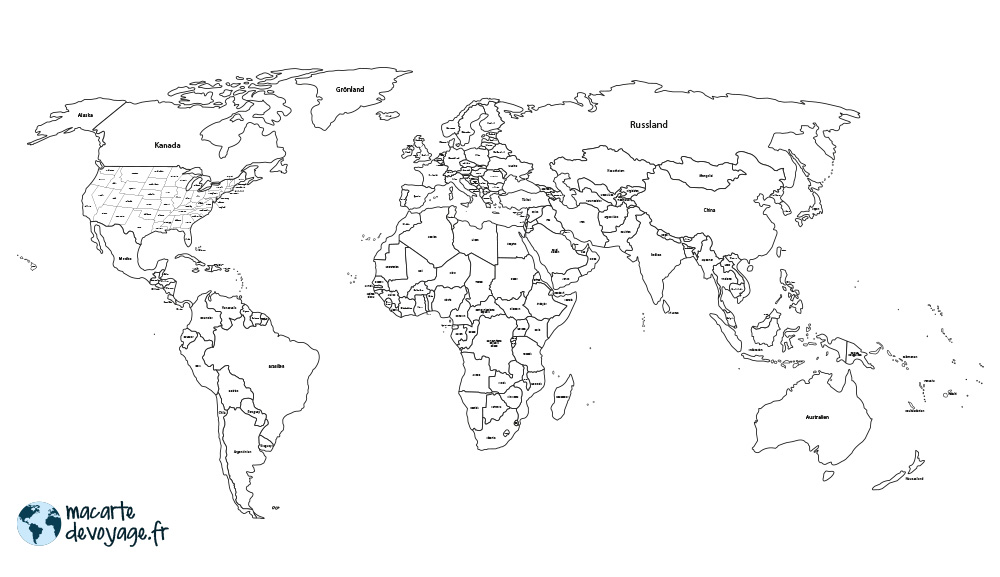 Carte Du Monde Avec Pays Noir Et Blanc