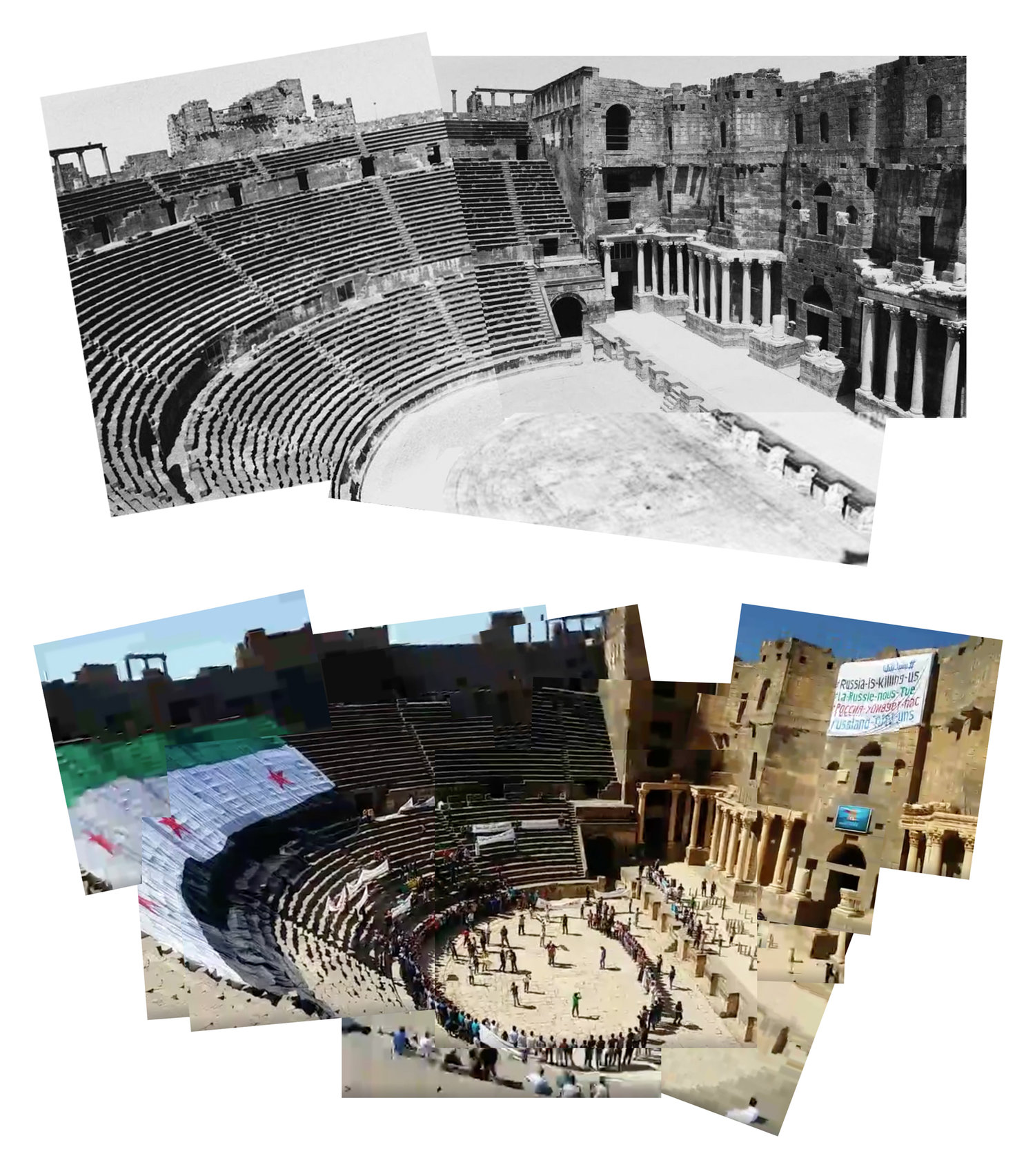 Top image: Typical representation of Bosra al-Sham Roman amphitheater as a static, objectified and museumified historic space. Image source: Flickr Bottom Image: Representation of the historic space transformed by local community organizers. The historic space is reactivated as a site of popular assembly and political mobilization, appropriated for the purpose of a collective cause through the incorporation of political slogans, songs, flags and banners into the space which are “prohibited” by the state. Source: Facebook LiveStream