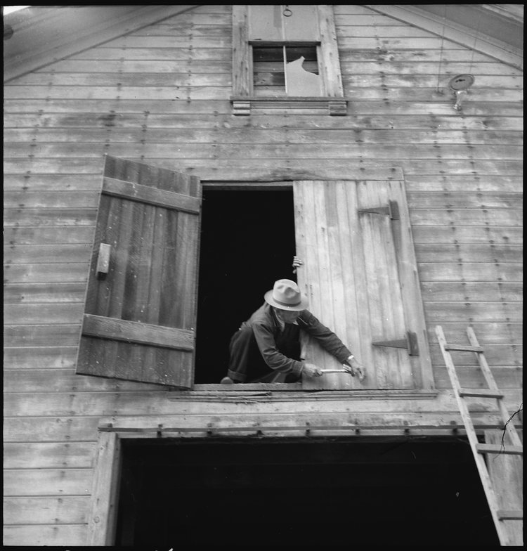 Centerville, California. Nailing the hayloft door on the morning of evacuation. Farmers and other evacuees of Japanese ancestry will be given opportunities to follow their callings at War Relocation Authority centers where they will spend the duration. 
