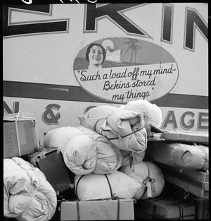 Hayward, California. Baggage of evacuees of Japanese ancestry ready to be loaded on moving van. Evacuees will be housed in War Relocation Authority centers for the duration. 