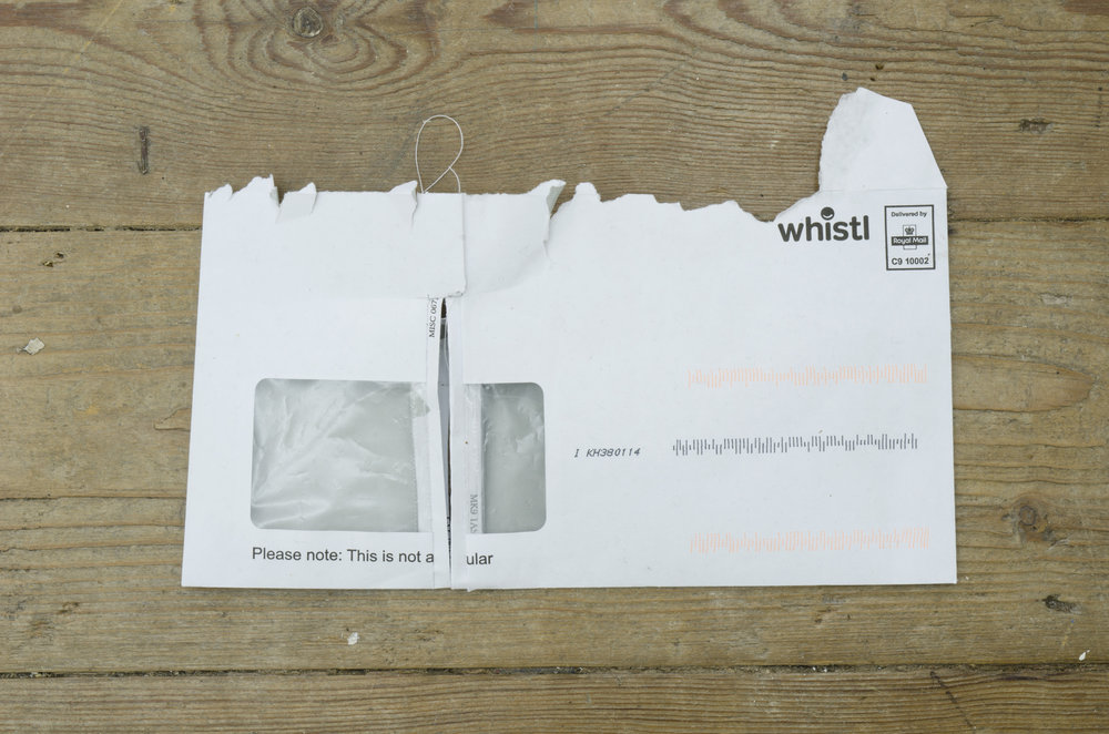 Welt (12) 2017 Found envelopes and thread. 13 x 22 cm
