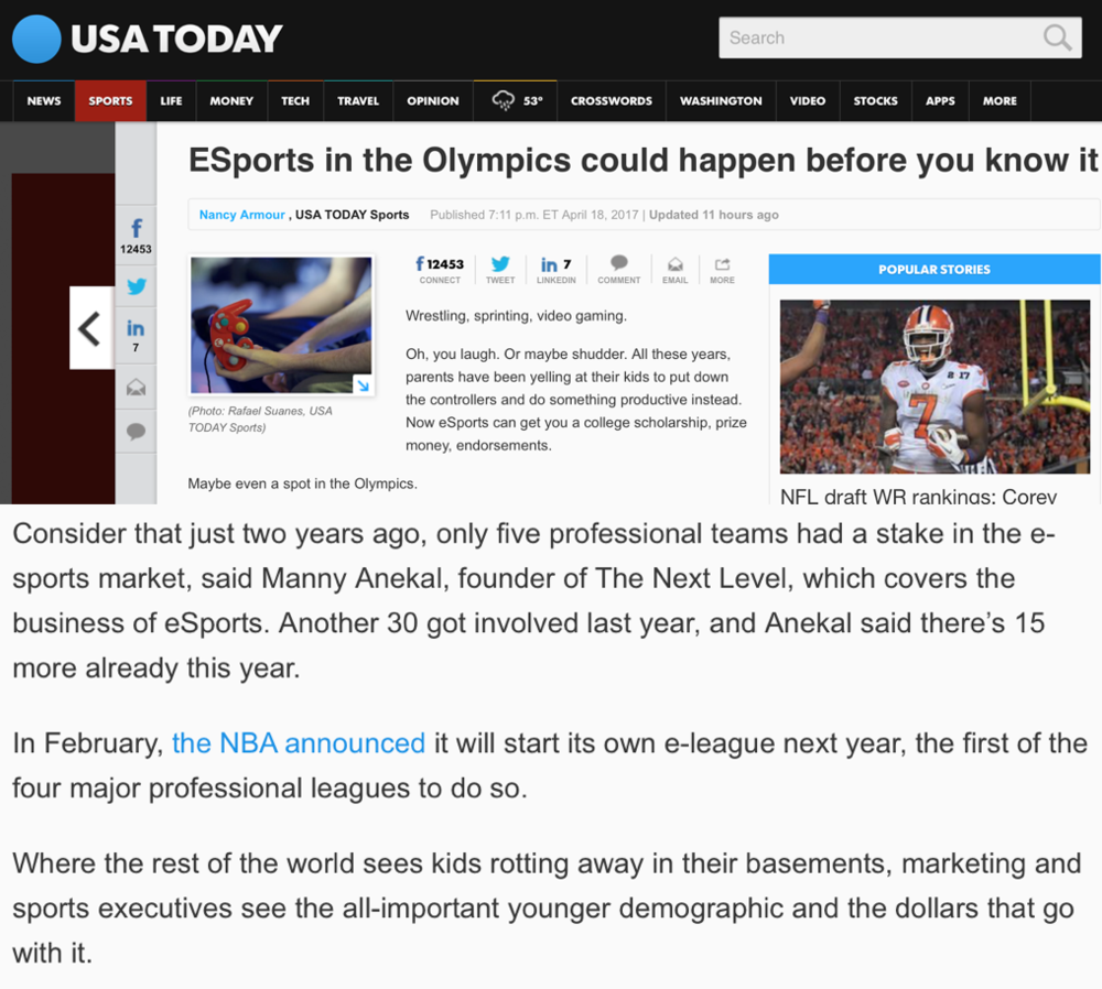 USA Today "eSports In The Olympics Could Happen Before You Know it" (Photo: USA Today)