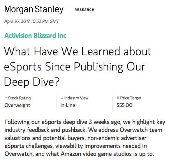 Morgan Stanley Update To Initial Overwatch League Report (Photo: Morgan Stanley)