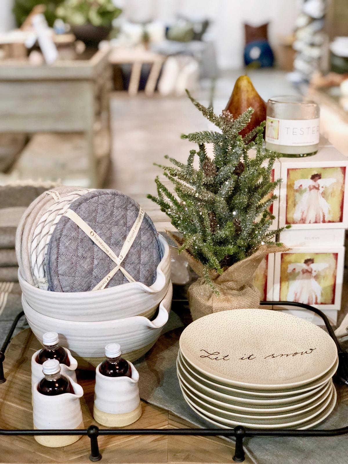  Petite Silo Pitcher &amp; Vermont Maple Syrup Sets {$36.00} with "Let It Snow" Plates {$14.00}, Anne Neilson Luxury Candle Gift Set {$54.00 }, Quilted Linen Oven Mitts {$54.00}, Glittered Tree {$34.00} 