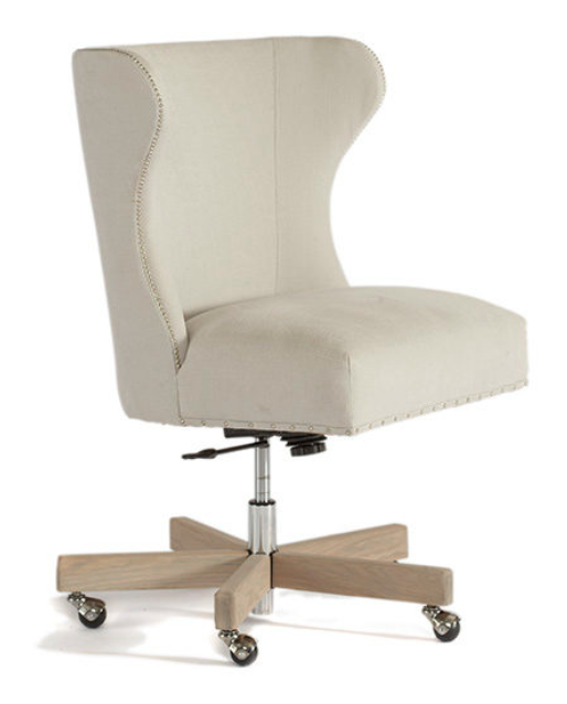  The Isabella office chair by Verellen is as sweet as it is comfortable with its adjustable height and easy motion.&nbsp; Soy based poly wrapped in feather down for ultimate comfort.&nbsp;  Base finish options include: wood finish with casters, upholstered base with casters, chrome finished base without casters.&nbsp; Specify the fabric, style of nailhead, and wood finish to compliment your office.&nbsp; Options starting at $2040.00.  • Overall Height: Highest: 40” Lowest: 36” • Overall Width: 29” • Seat Height: Highest: 24” Lowest 20” • Exterior Depth: 26” • Seat Depth: 18.5” 