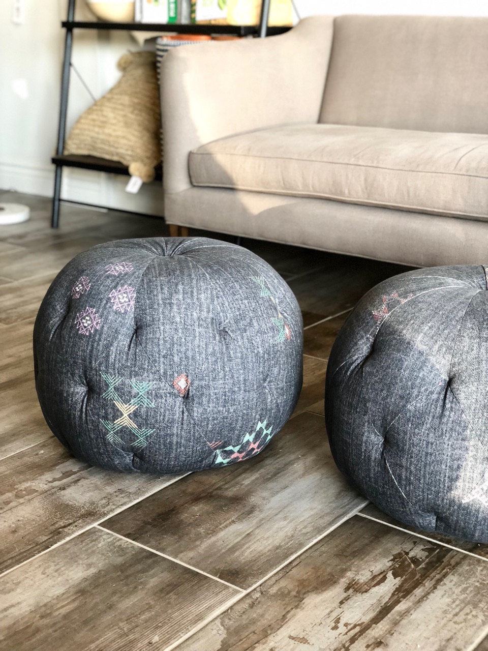  A pair of custom Cisco Brothers poufs arrived in Medina Pepper for a client's living room to serve as additional seating! 