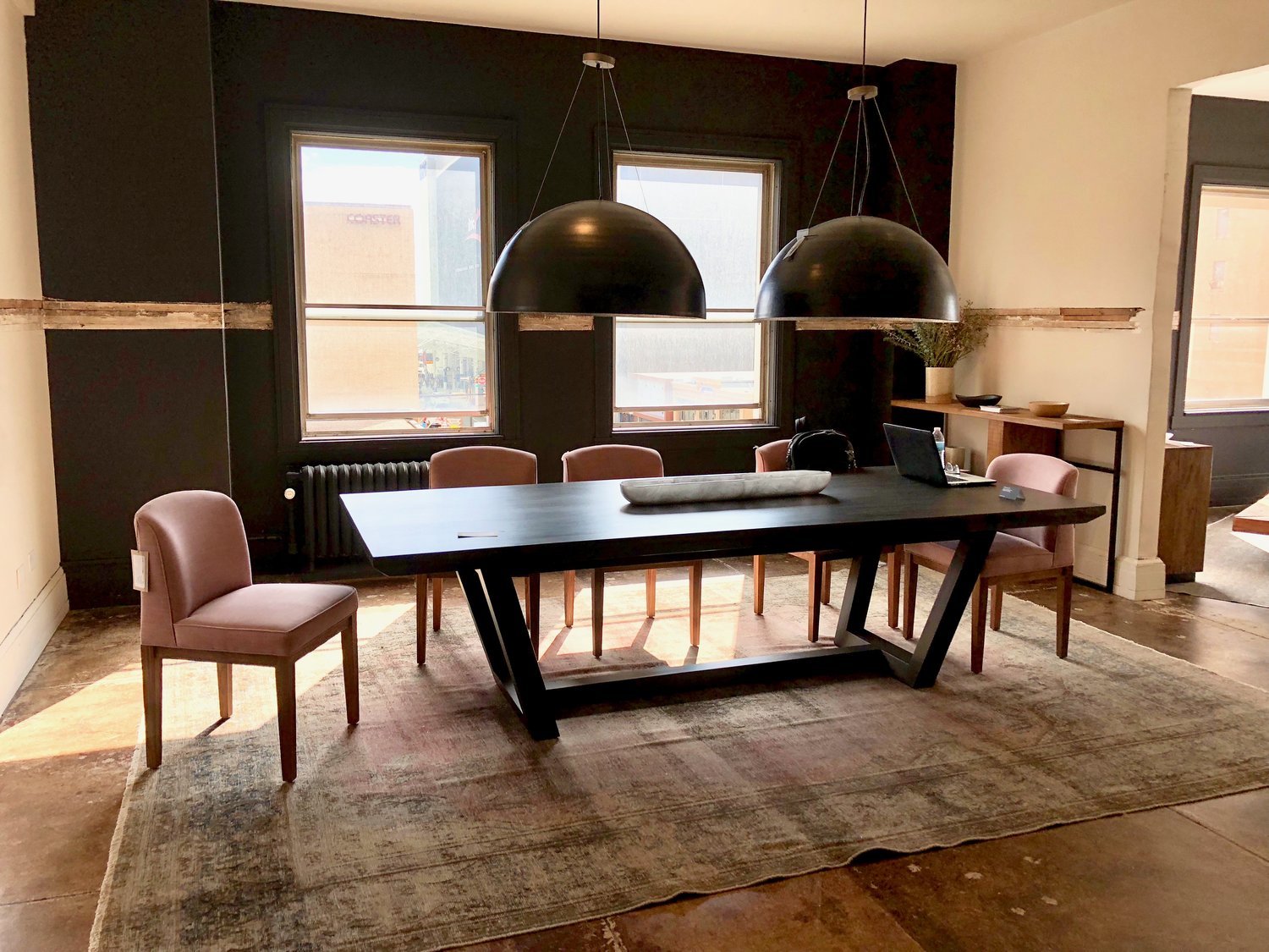  A gorgeous hardwood dining table by Cisco Brothers | Environment paired with pink custom Fasano dining chairs -- you can select from an assortment of beautiful organic cottons &amp; linens, velvets, leather, and mohair.&nbsp; The table finish and length can be specified as well! 