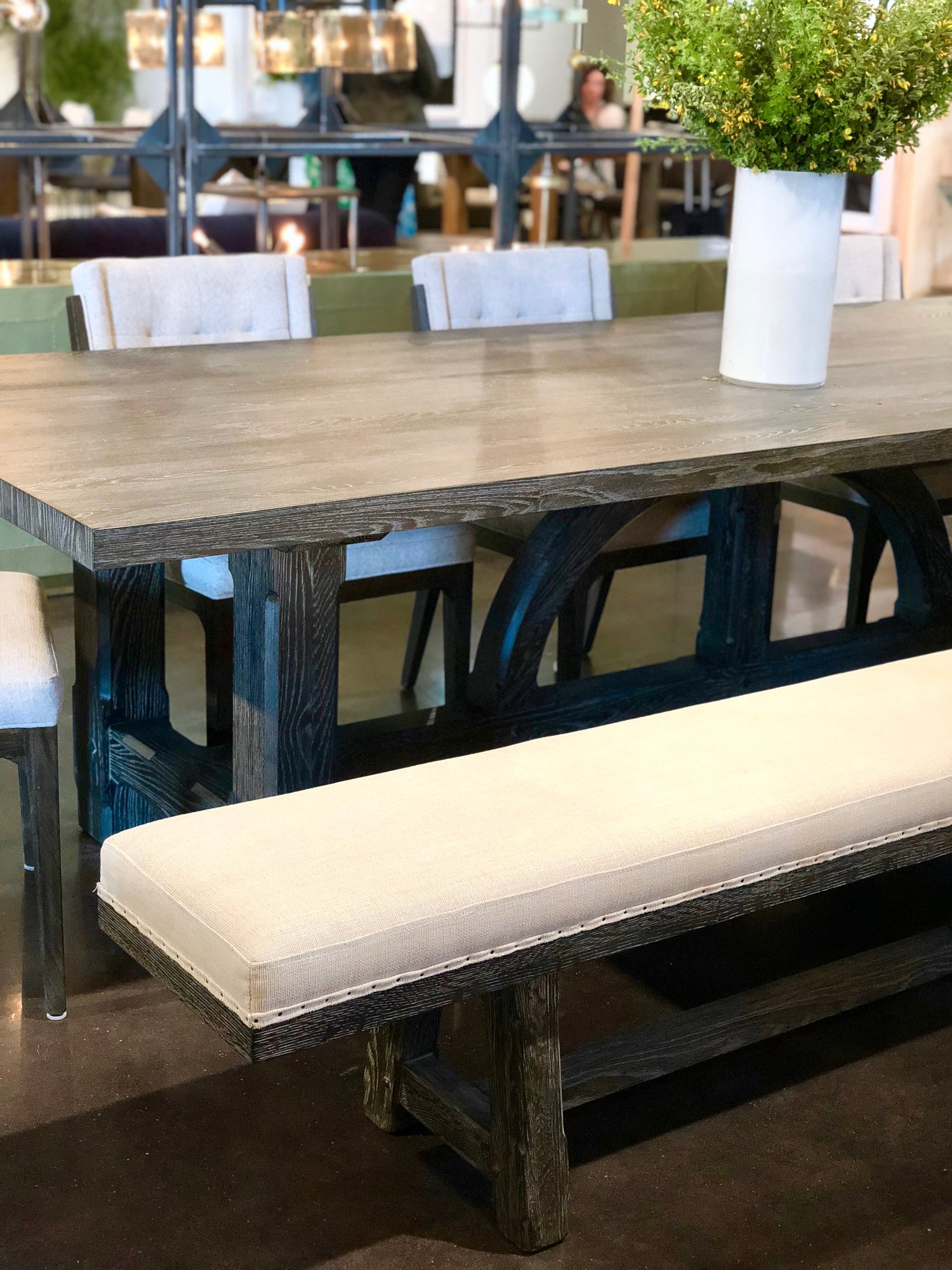  A beautiful 10' black elm veneer dining table designed by Van Thiel -- the base is stunning.&nbsp; Pair with a matching dining bench or flank with streamlined dining chairs.&nbsp; Sits 10-12 people! 