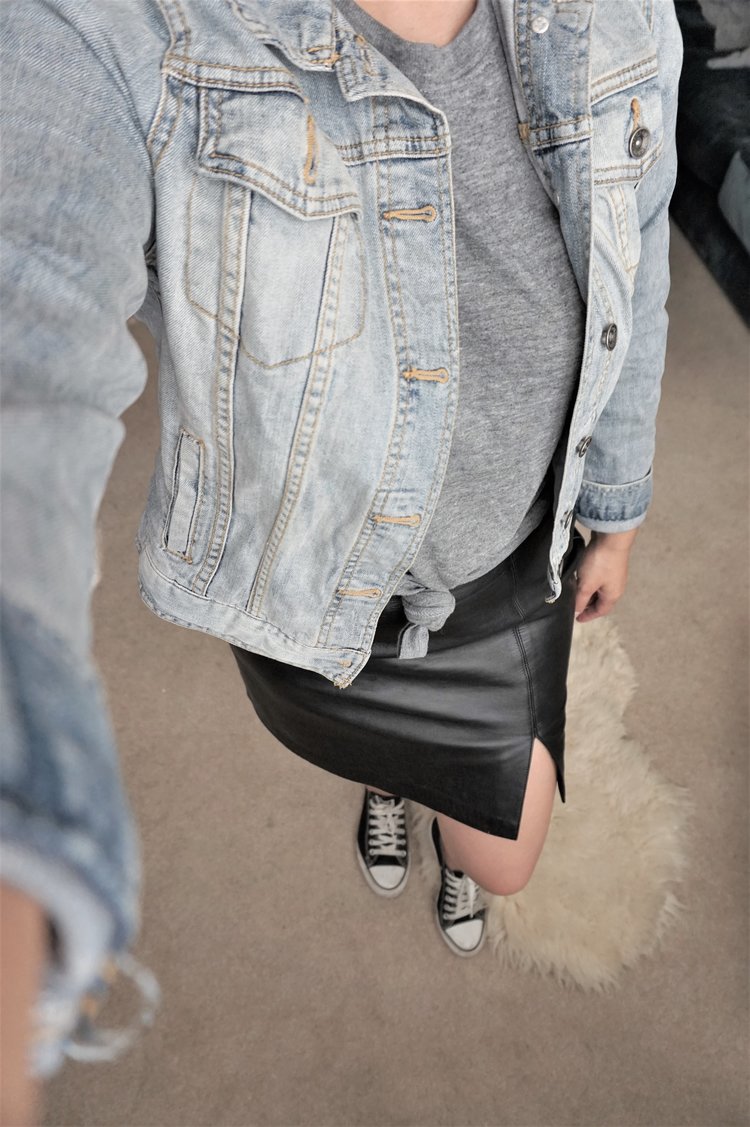 Denim Jacket: Thrifted Mossimo jacket $4.99  Leather skirt: Thrifted Alfani leather skirt $8.00  Shirt: Random shirt from my hubby's shirt collection  Shoes: Gifted