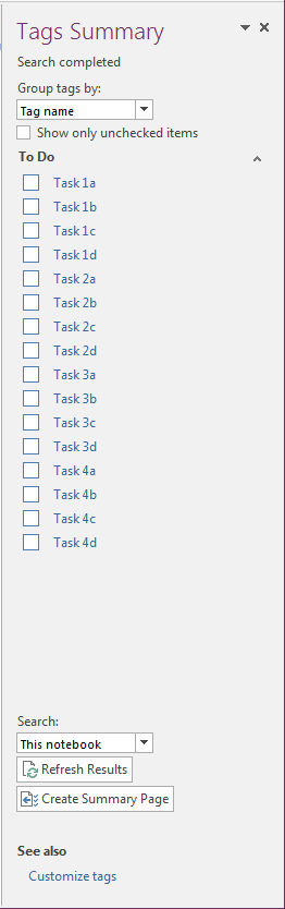 Tag Summary view in OneNote 2016