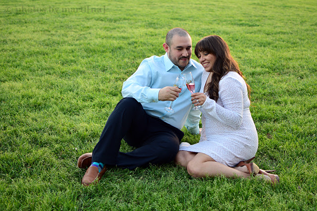 Engaged couple toasting at Bulter Park in Austin, Texas. 