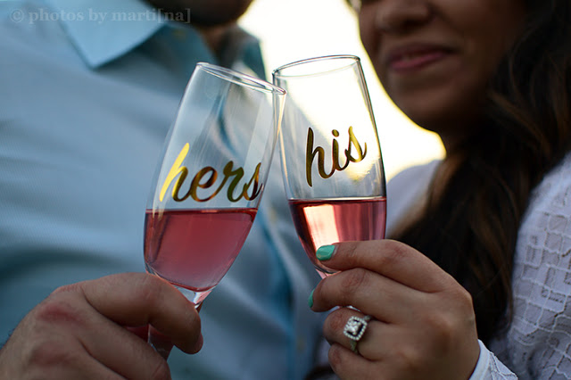 Engaged couple toasting with his & hers glasses at Bulter Park in Austin, Texas. 